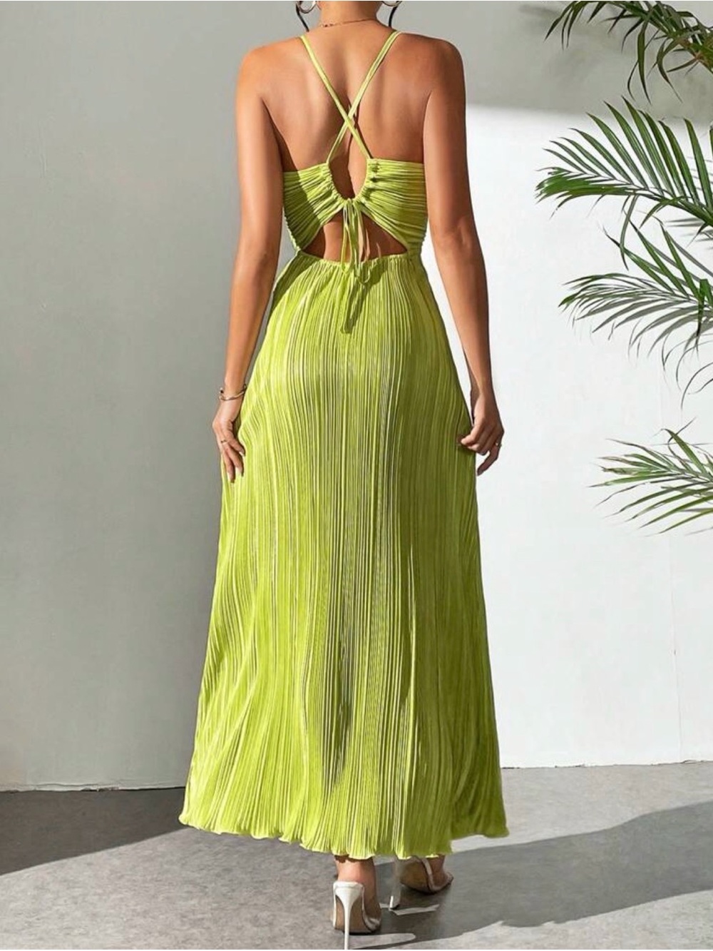 Lime Green Pleated Spaghetti-Strap Maxi Dress - Picture 4 of 5